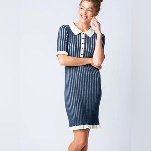 Ribbed blue and white bodycon collared dress with frilled edges NWT